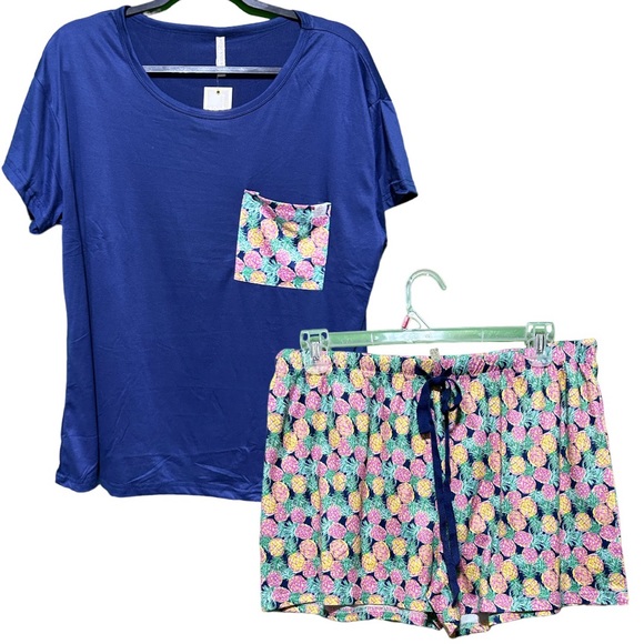 NWT Simply Southern Womens T-Shirt Shorts Pajama Set Pineapple Size XL Navy Blue - Picture 3 of 9
